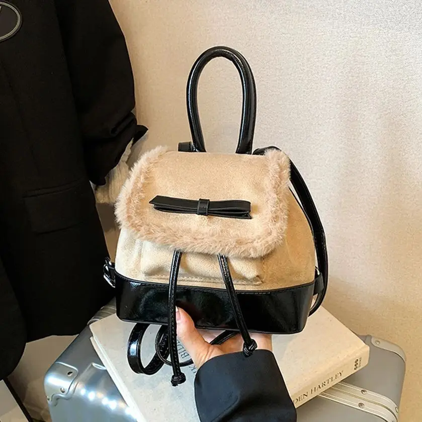 

Женский замшевый рюкзак, новинка 2023 года, осенняя модная повседневная сумка с бантом и узлом, универсальная мини-женская сумка с двойным ремнем для поездок на работу