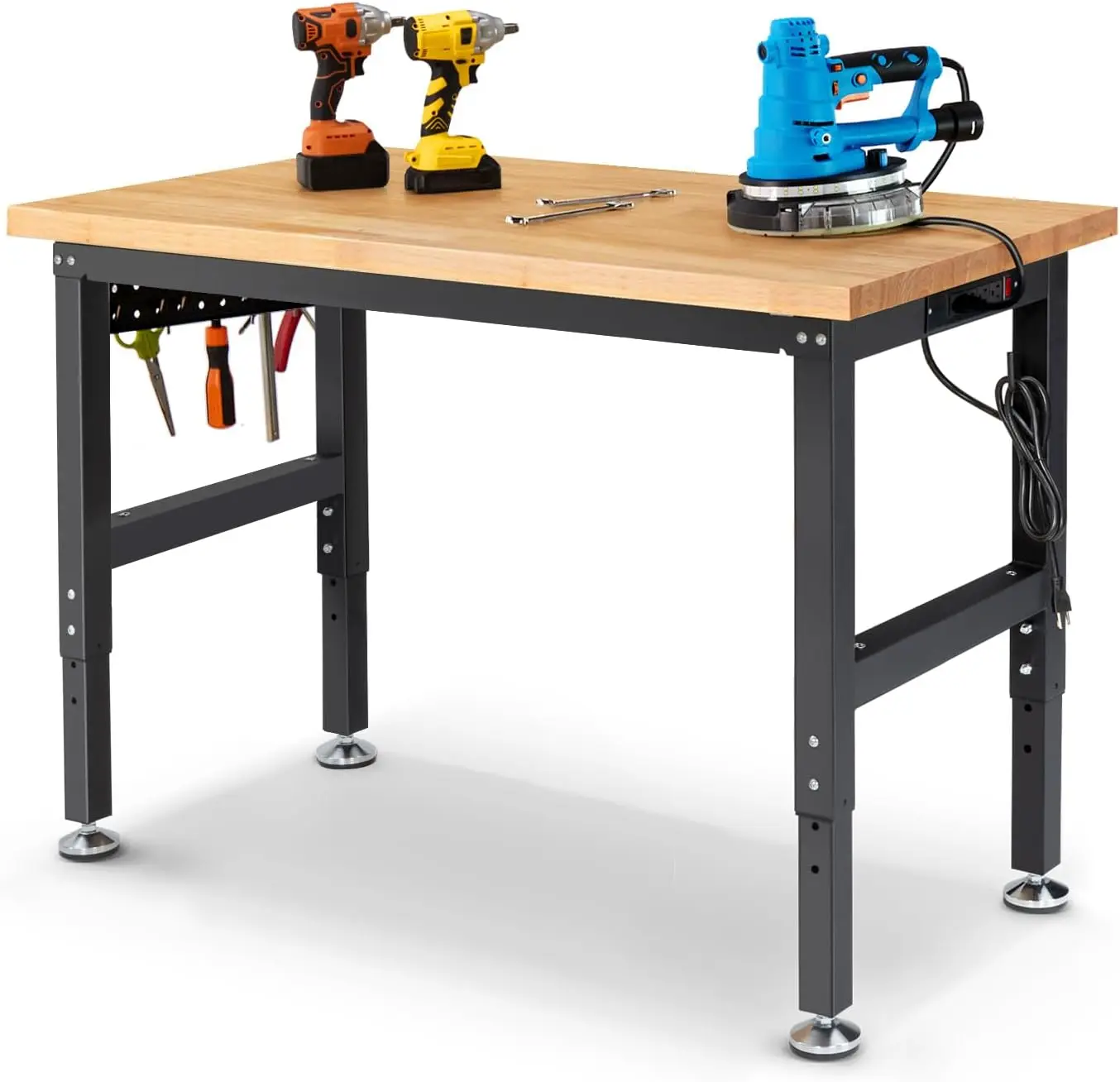 

48 Inch Adjustable Height Workbench with Power Outlets, Rubberwood Tabletop for Garage, Woodworking Shop, Home Office