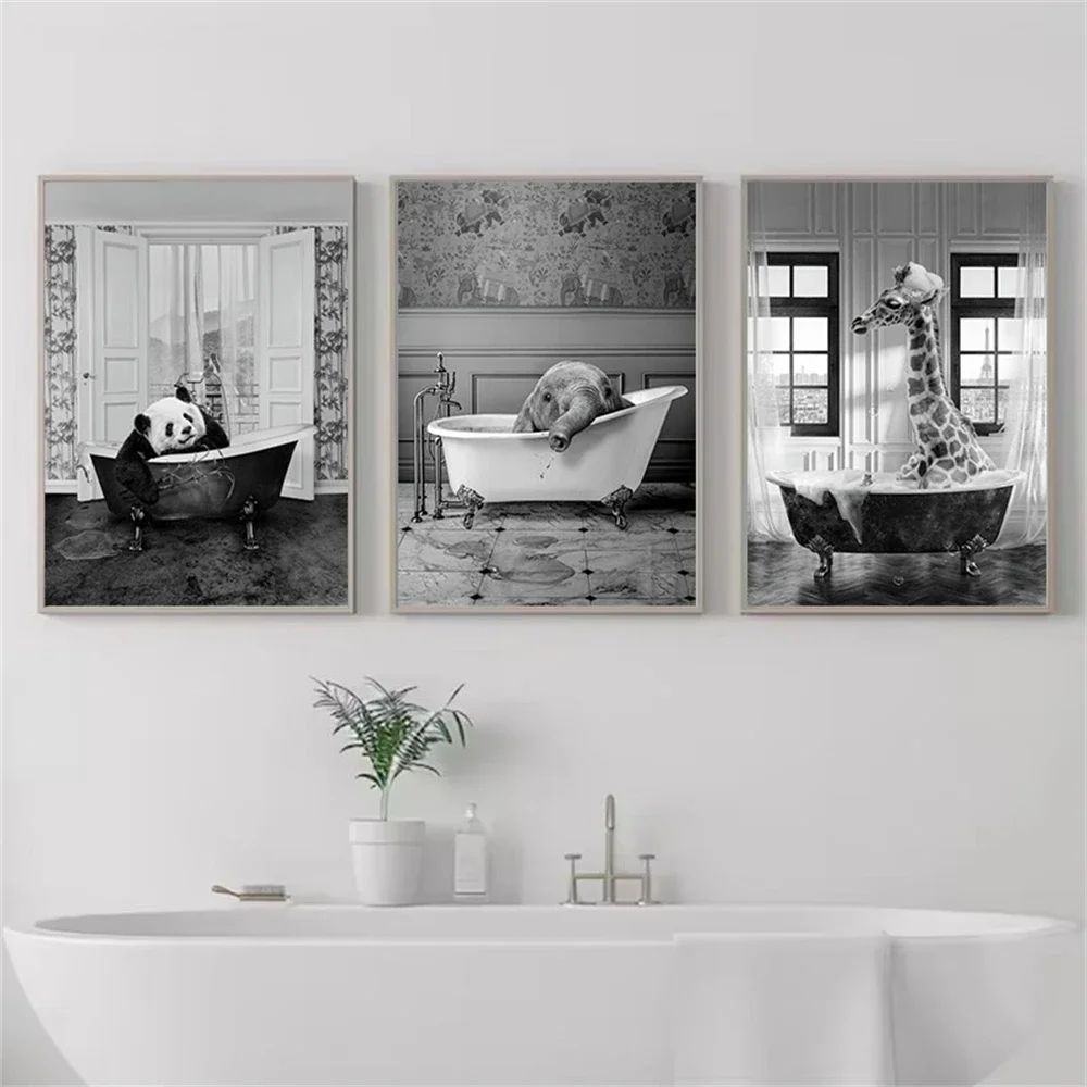 

Bathroom Wall Art Black And White Giraffe Panda Elephant Funny Animal Bathtub Canvas Painting Prints Posters Pictures Home Decor
