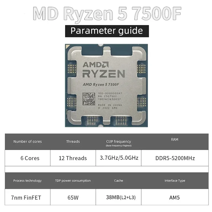 FOR AMD R yzen 5 7500F 3.7GHz 6-Core 12-Thread Processor 5NM L3=32M 100-000000597 Socket AM5 CPUs New R5 7500F without cooler