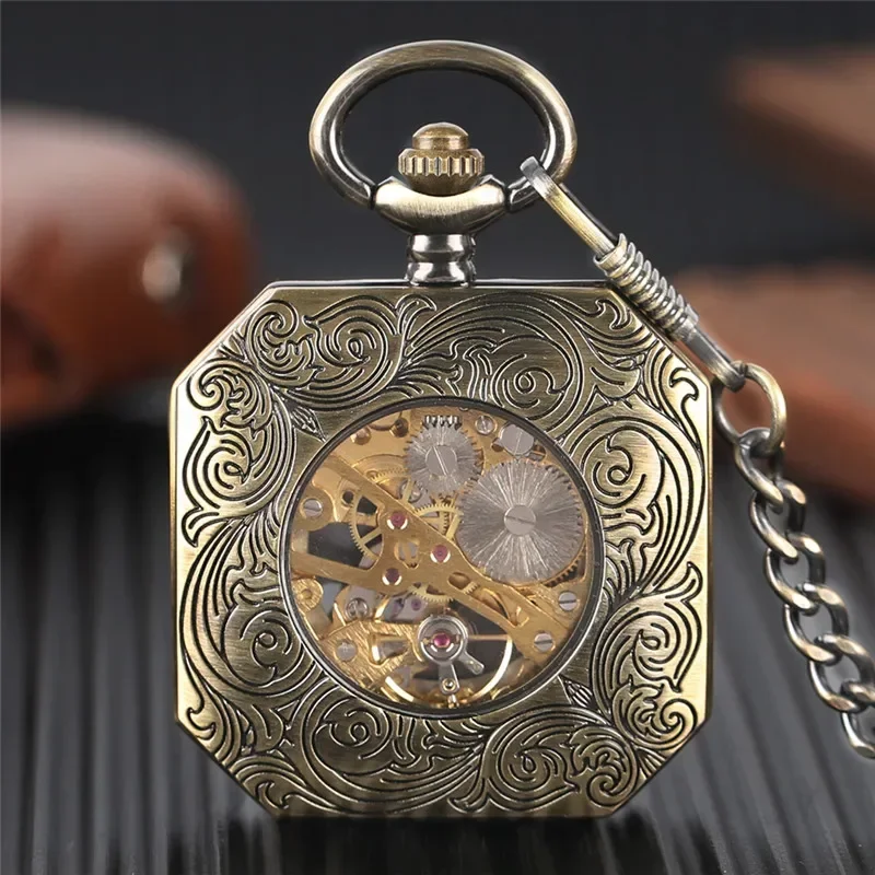 Antique Bronze Pocket Watch Hollow Double Tigers Men Women Handwinding Mechanical Watches with Fob Pendant Chain Clock Gifts
