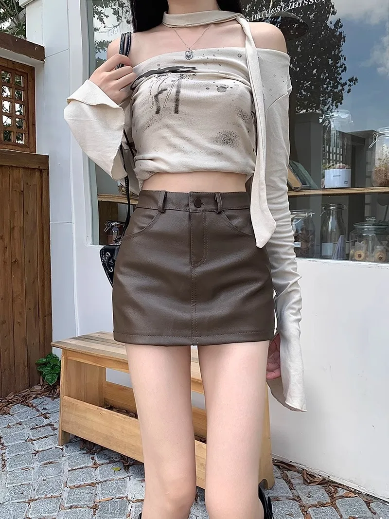 Pu Skirts Women Short Skirt A Line Slim Fit Hip Wrap Elegant Splice High Waist Button Y2k Streetwear Work Casual 2026 Spring