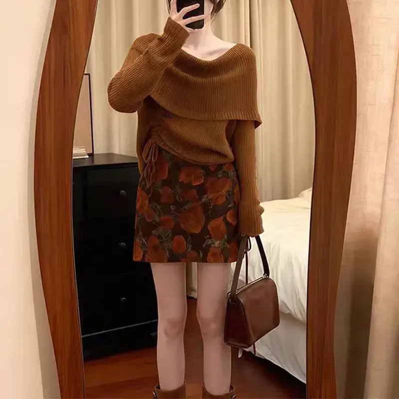 

Vintage French Style Knitted Matching Sets Autumn Winter Aura Slash Neck Women's Clothing Fashionable Printed Bag Hip Dress Sets