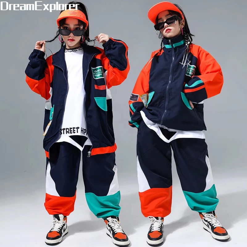 Kids Hip Hop Contrast Coat Joggers Pants Boys Street Dance Jacket Outfits Girls Streetwear Child Jazz Sport Costume Clothes Sets