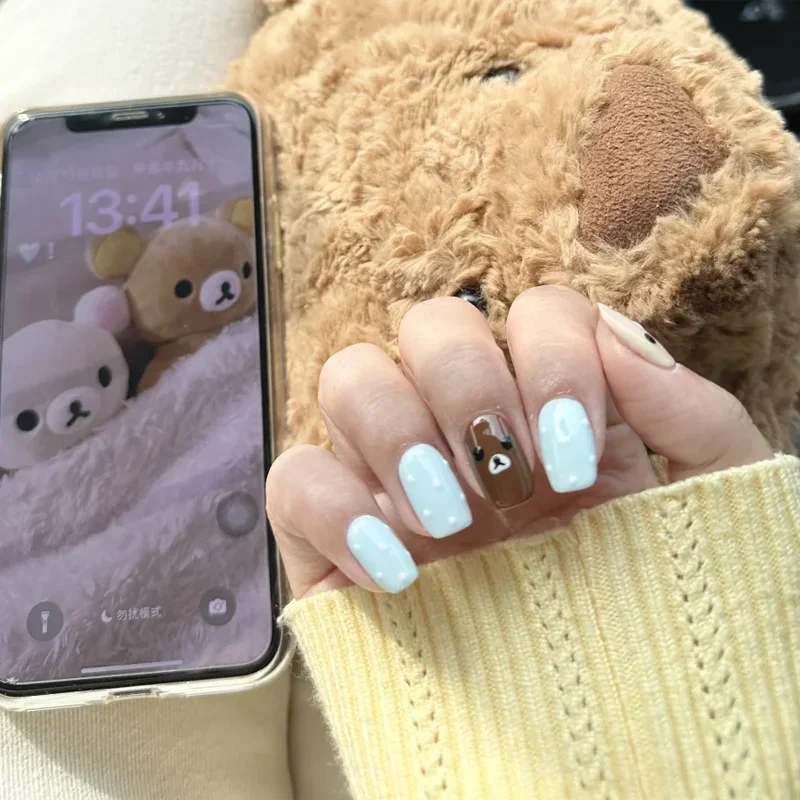 Kawaii Rilakkuma False Nails Press on Nails Polka Dots Little Brown Bear Cute Cartoon Art Nails Manicure Decoration Girls Gift