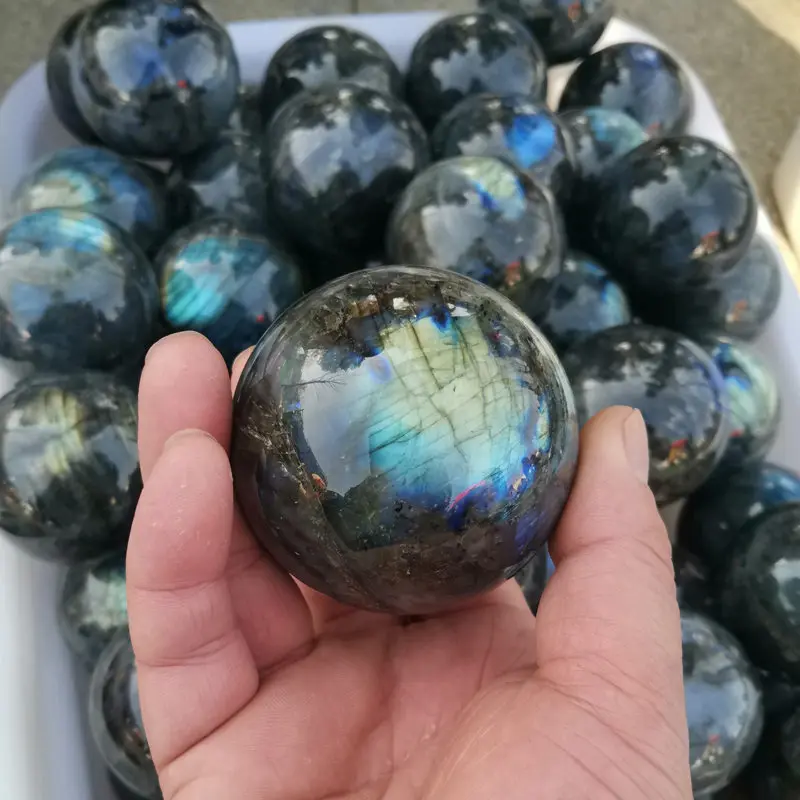 60mm Round Natural Labradorite Moonstone Polished Sphere Healing Quartz Crystal Ball W/ Wooden Stand Fengshui Home Decor Craft