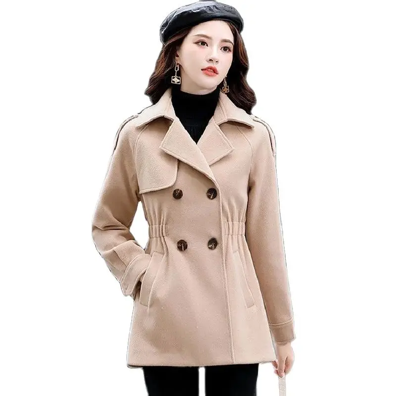 

Short Woolen Coat Women's Fashion New Spring Autumn Jacket Slim Belt Double Breasted Suit Collar Warm Office Casual Outerwear