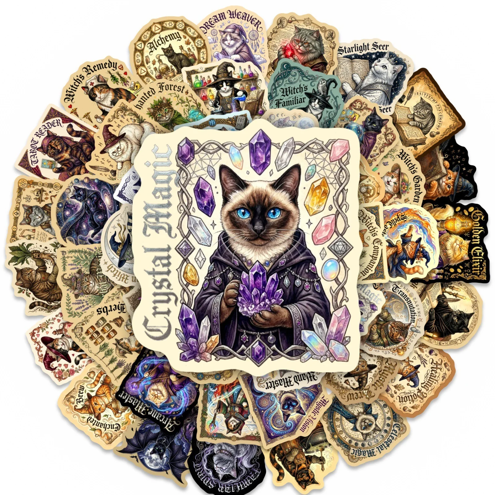 10/50pcs Mysterious Magic Cat Stickers Retro Decals Decoration Waterproof Cartoon Graffiti DIY Skateboard Phone Laptop Kids Toy