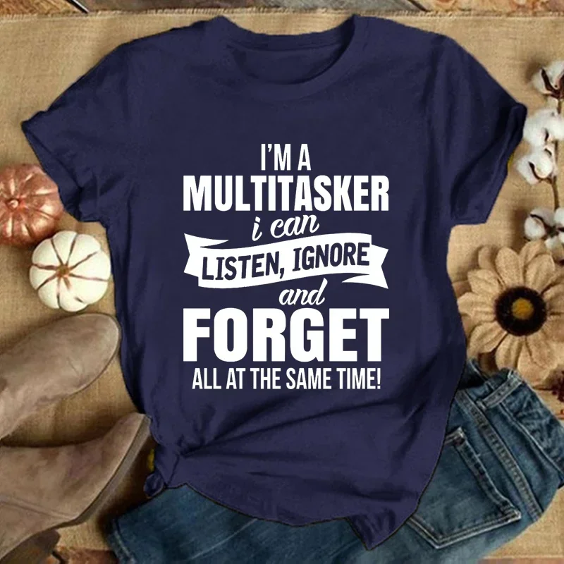 I'm A Multitasker Print T-shirt with Funny Saying Men and Women's Fashion Graphic Tee Black T Shirt Summer Short Sleeve Shirts