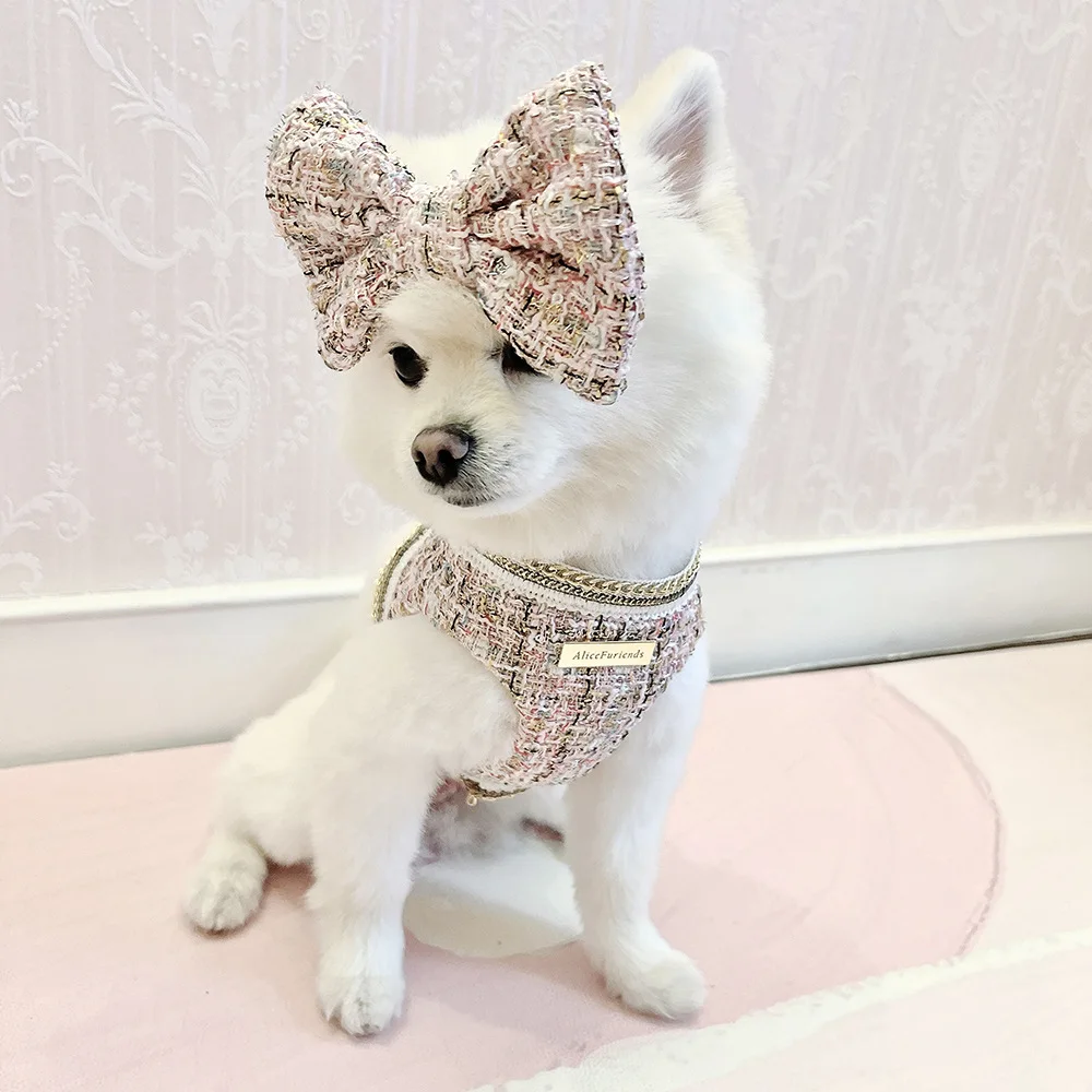 Princess Dog Clothes Tweed Harness With Leash Puppy Classic Clothes Chest Strap Vest With Bowknot For Small Dog
