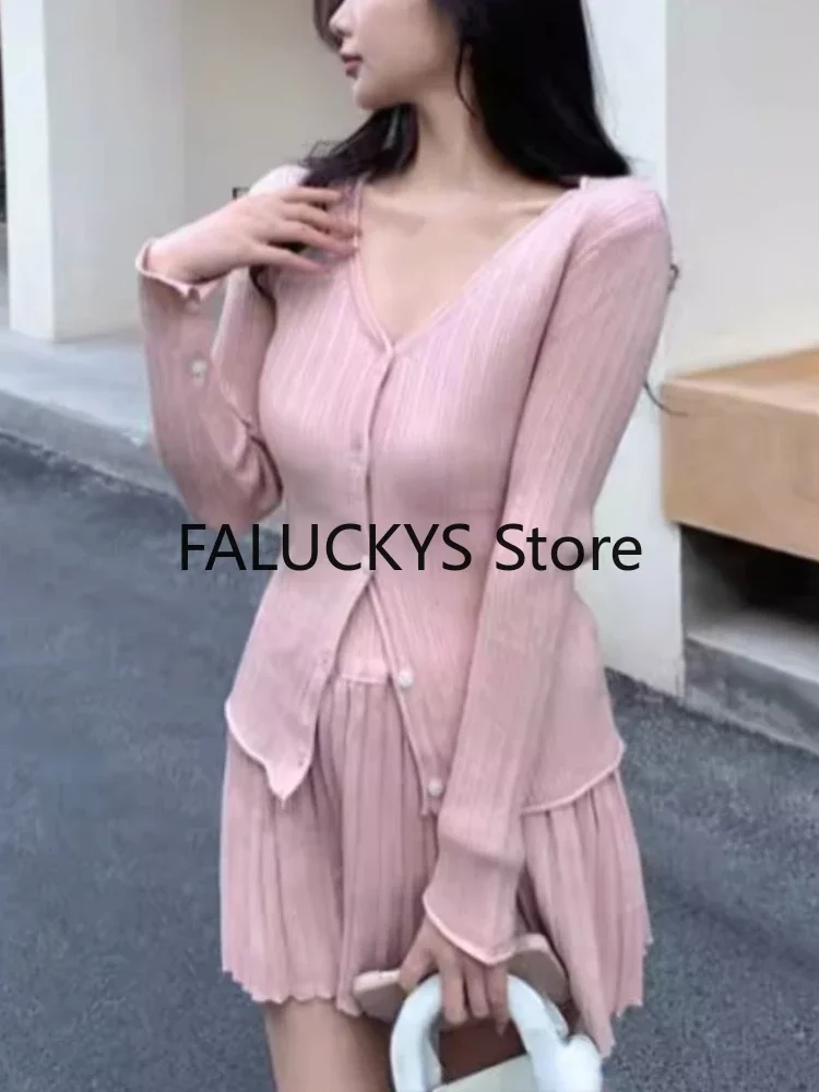 Elegant Two-piece Solid Skirt Sets Women V-neck Long Sleeves  Knitted Cardigan + Mini Pleated Skirt Autumn Y2K Korean Chic Suit