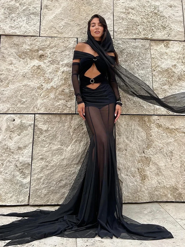 2024 Luxury Designer Black Mesh Crisscross Evening Dress Women Sexy Off Shoulder Long Sleeve Cut Out Maxi Long Celebrity Gowns