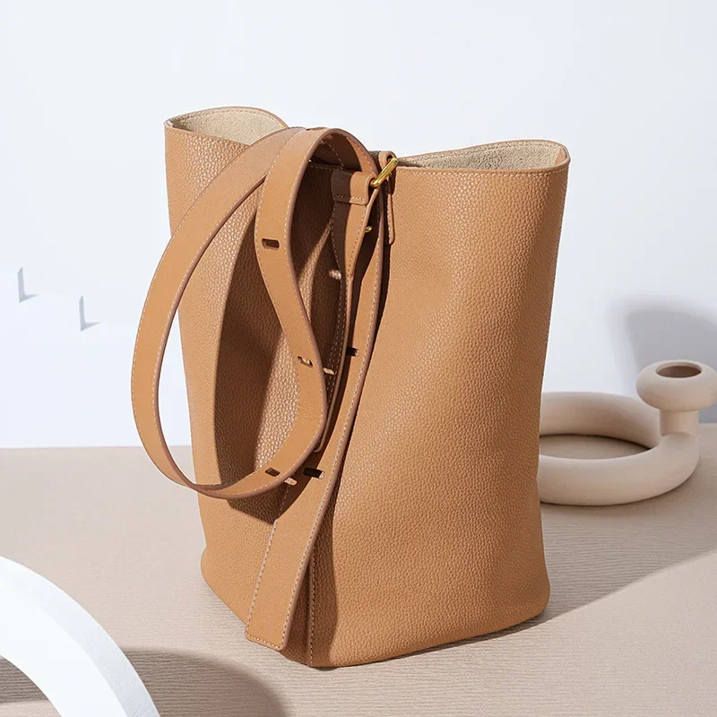 2024 Fashion Trend Genuine Leather Shoulder Bucket Bag for Women Large Cowhide Female Handbag Lichee Leather Handle Bag Purse