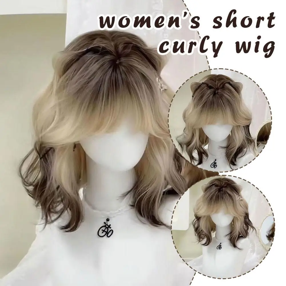 

1pc [Siamese Cat] Wig Short Curly Hair For Women Lolita Black Gold Gradient Wool Curls Parisian Painted Dyed Jk Full Headwear