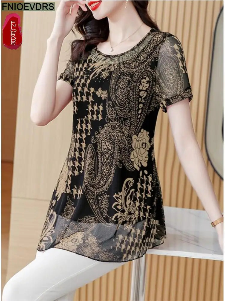 M-5XL Loose Clothes Floral Print Belly Black Tunic Mesh Bling Bright Top Blouse 2023 Women European Style Office Lady Long Shirt