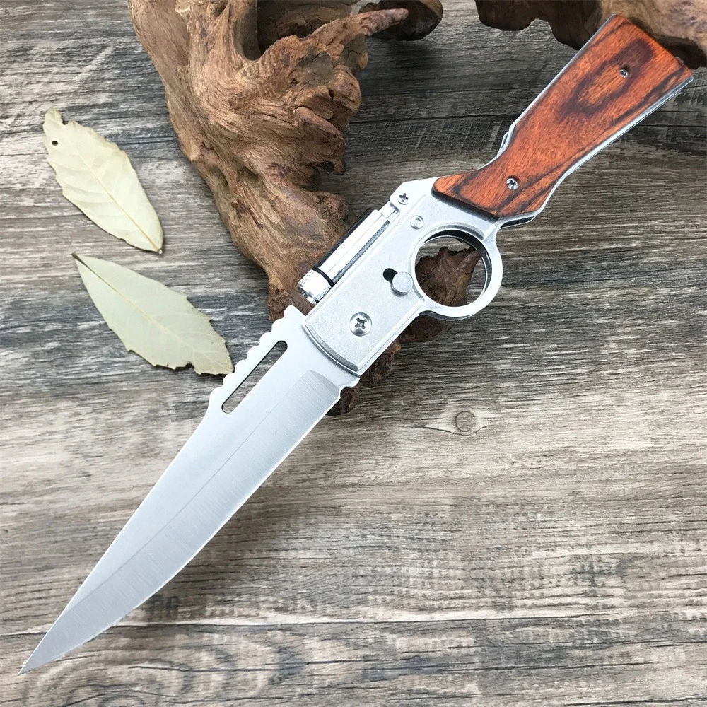 Navaja Plegable con Luz LED, Hoja de Acero 5C13Mov y Mango de Madera de Color, Cuchillo Práctico Resistente al Desgaste para Campismo y Senderismo al Aire Libre