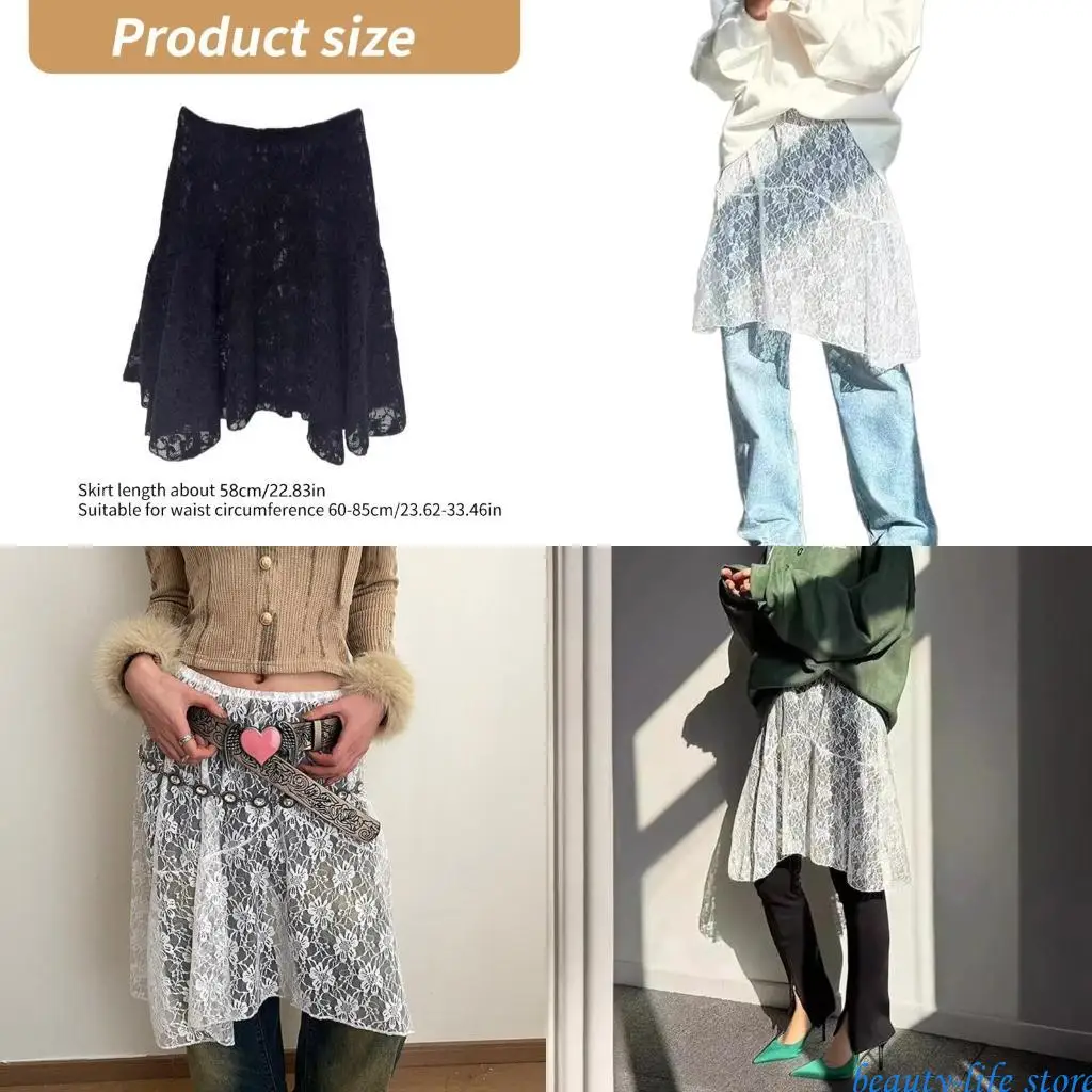 

Women Asymmetrical Floral Lace Flowy Long Skirt Aesthetic Fairycore Vintage Elastic Waist Layered Ruffle Lace Midi Skirt 517D