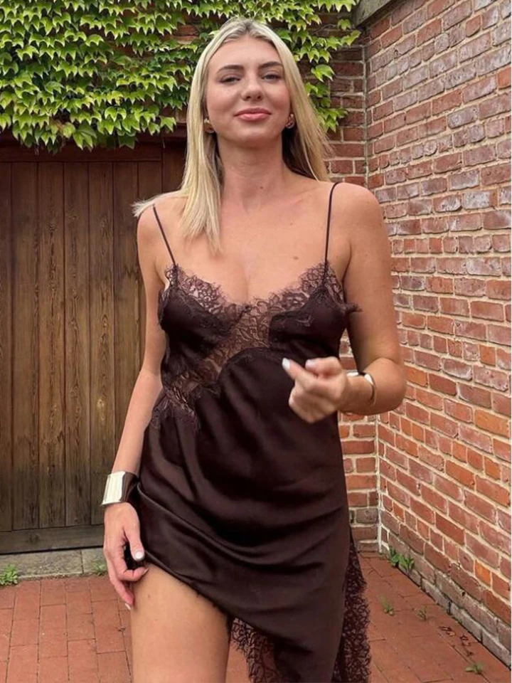 Vestido corto de encaje satinado sexy con abertura, sin mangas, espalda descubierta, asimétrico, para mujer, vestido de fiesta 2026 verano 2