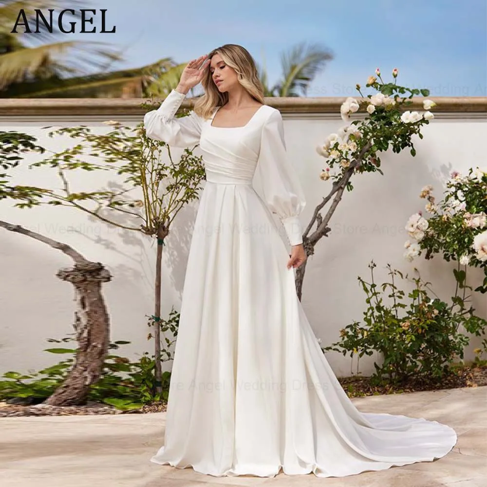 Anjo personalizado simples vestido de casamento para noiva 2026 a linha plissados gola quadrada longo vestido de noiva vestidos de noiva vestido de noite