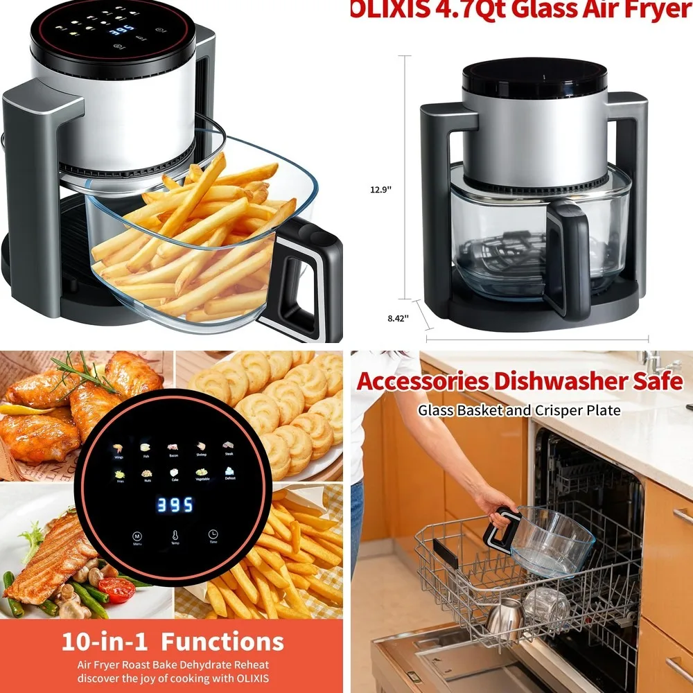OLIXIS 4.7Qt ガラス製エアフライヤー、10種類のプリセットモード付き無毒オイルレスクッカー、395 ° F ラピッドエアクリスピーテクノロジー、ロースト 1
