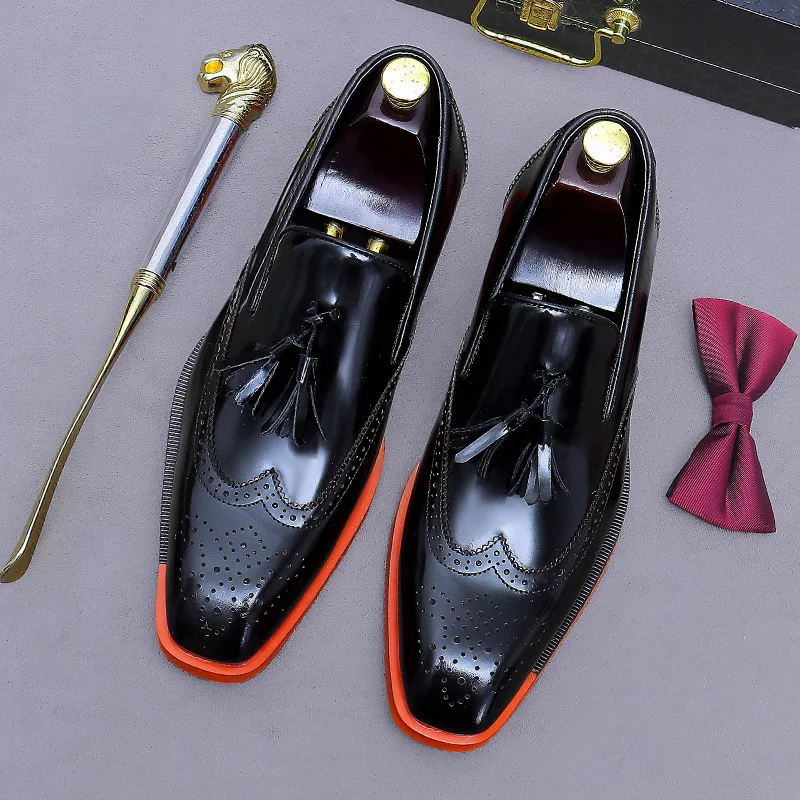 British Style Groom Genuine Leather Loafers Large Sizes Formal Business Wedding Tassel Brogue Shoes with Carved Painted Details