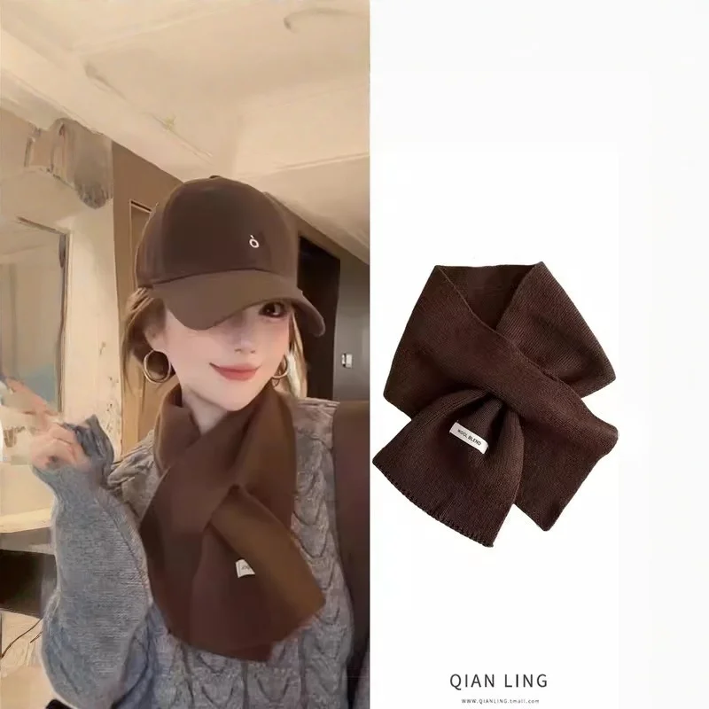 

Кофейный вязаный шарф из смесовой шерсти для женщин, с перфорацией, для защиты шеи, зимний, теплый, портативный, маленький, новинка 2025 года