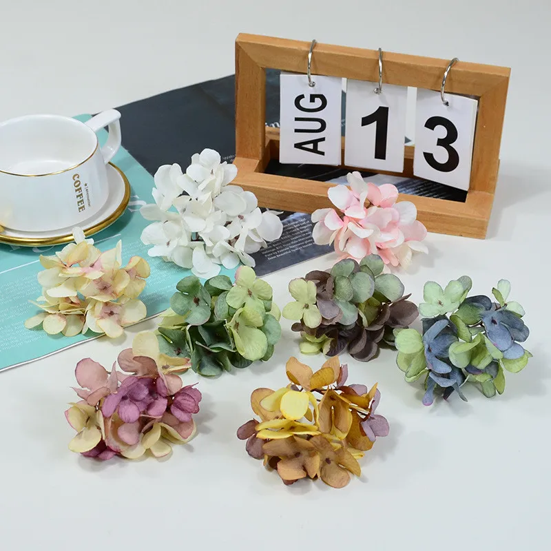 

50pcs 8CM Artificial Silk Hydrangea Flower Head Vintage oil painting For DIY Decorative Party Decoration Wedding Wall Bouquet