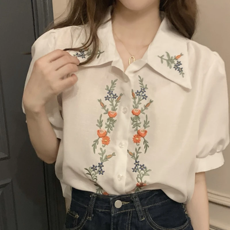 Shirts Women Embroidery Floral Simple Casual All-match Puff Sleeve Chic Elegant Korean Trendy Tops Summer Thin Retro New Female