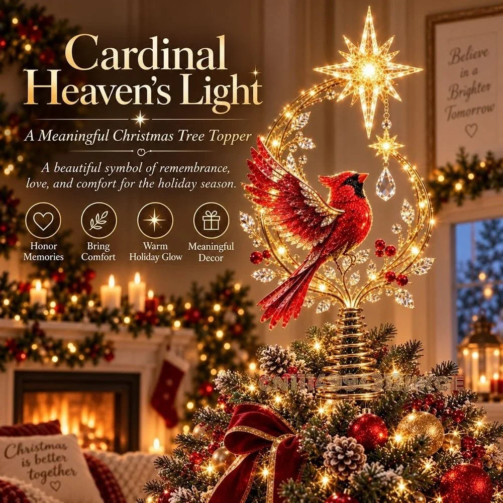 Cardinal Heaven's Light Tree Topper, Christmas Tree Topper,Red Bird Memorial Ornament, LED Glowing Garden Decor
