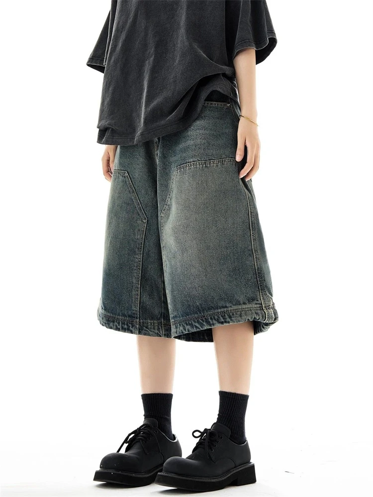 Pantaloni corti in denim unisex a gamba larga allentata retrò da donna Pantaloncini cargo estivi Pantaloni casual al polpaccio femminili con fondo casual per ragazza