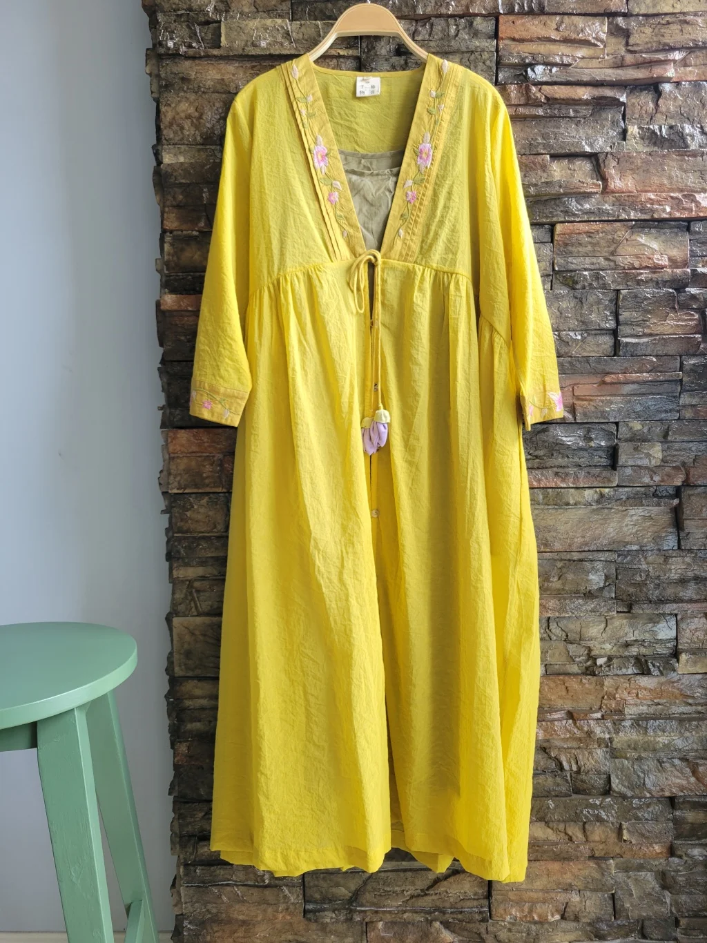 Fashion two-piece set summer dresses Yellow rayon loose cardigan long dresses Chinese style embroidery Casual women's robe