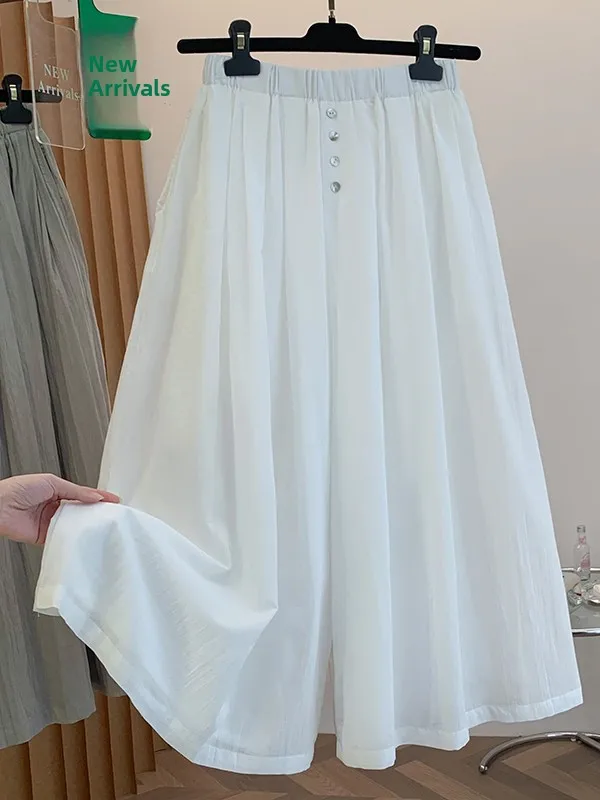Elegant Double Layer Linen Wide Leg Pants Skirt Women Summer Loose Breathable Elastic Waist Draped Casual Pants Full Swing Pants