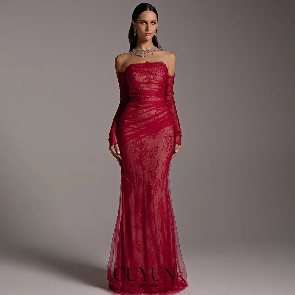 CUYUN レッドマーメイドレースイブニングドレス レディース フォーマルオケージョンガウン パーティードレス カスタムガラドレス 2025