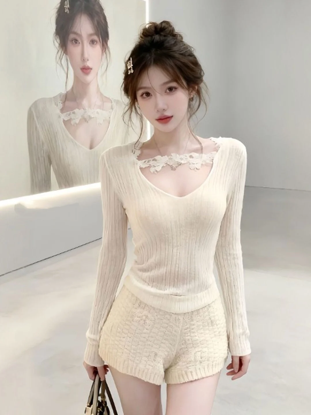 

Свитер с V-образным вырезом для похудения, уникальный и красивый женский топ Pure Desire, весна 2026, модный повседневный трикотаж для офиса и путешествий