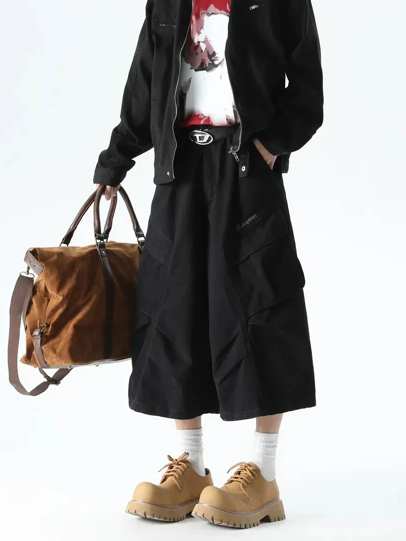 

Американские джинсы-карго с плиссировкой для мужчин, летние, многокарманные, в стиле парашютиста, свободные, прямые, повседневные брюки 7/8 длины