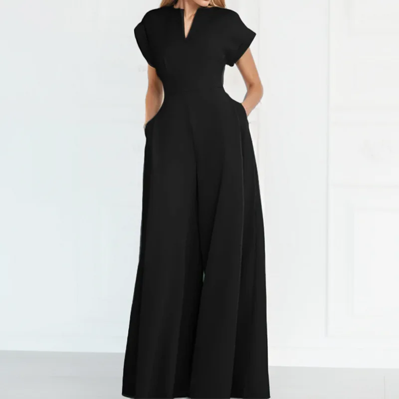 Fashion Solid Color V-neck High Waist Ruffle Long Jumpsuit Women Summer Casual Zipper Short Trousers Wide-leg Pants For Women
