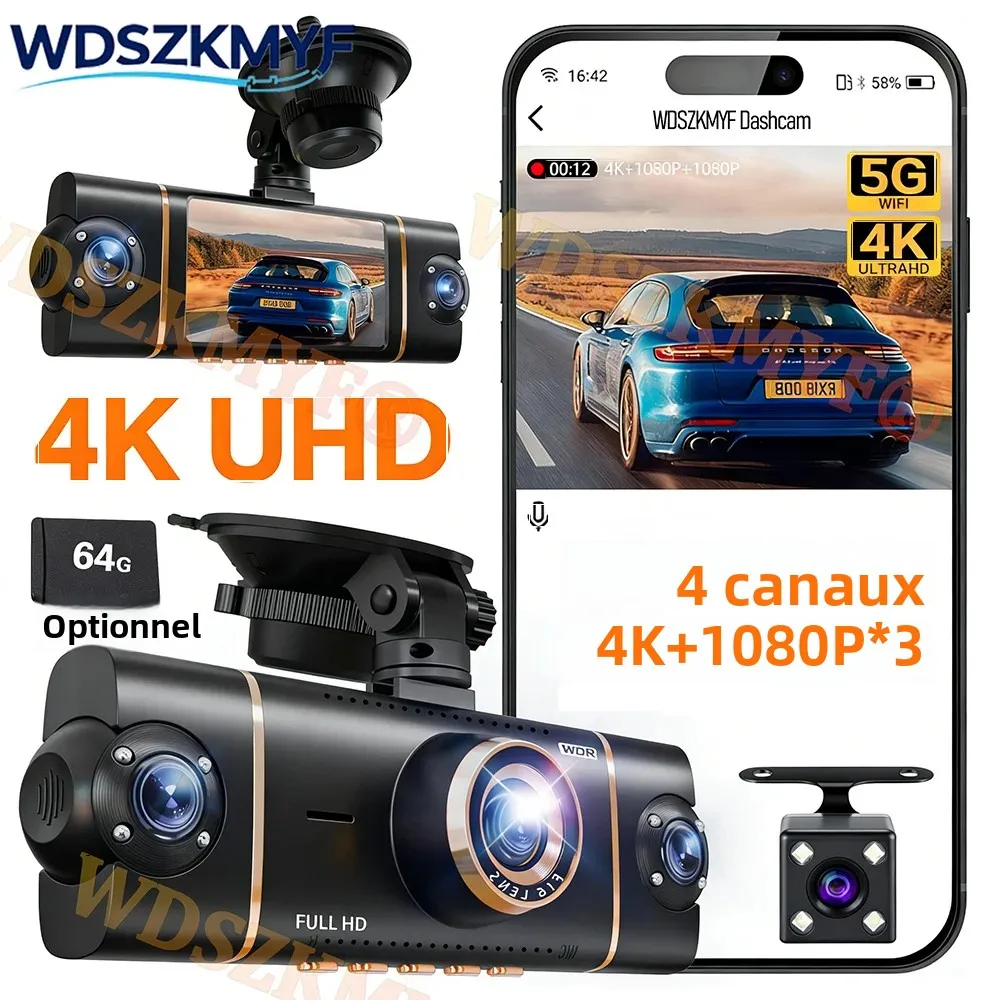 Nouvelle caméra de voiture à quatre objectifs 360° °   Caméra embarquée WIFI 4K / 1080P avec surveillance de stationnement 24H, capteur G et vision nocturne – Accessoire de sécurité automobile