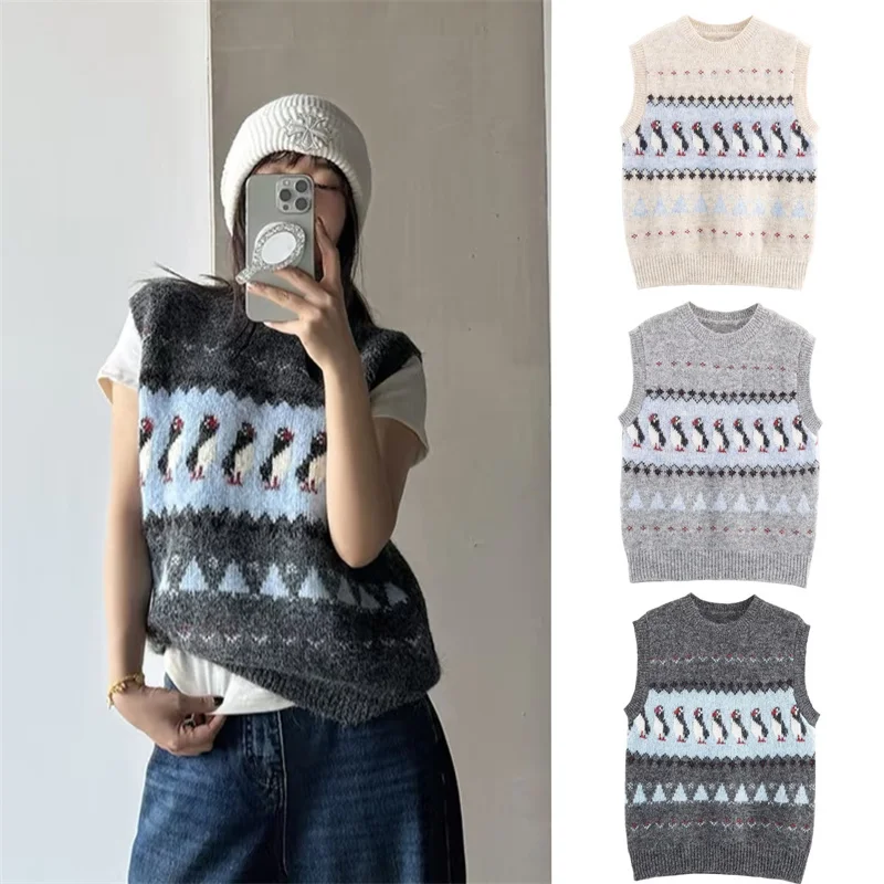

Women's Vest 2025 Autumn New Style Jacquard Sleeveless Penguin Pattern Knitted Pullover Vest Casual Fashion Lively and Cute