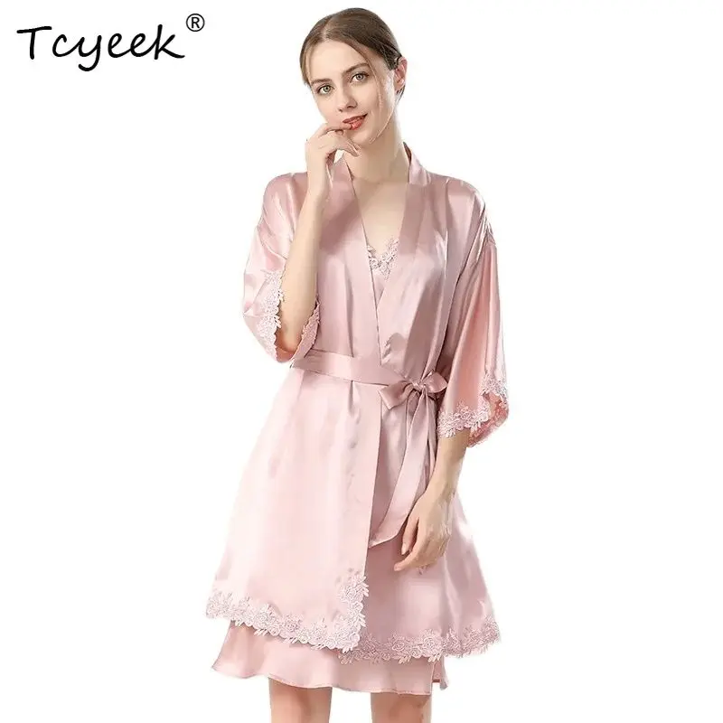 

Tcyeek, 100%Real Silk Sleeping Robe Sling Set, Sexy Elegant Women Lace Sweet Night-robe Sets , 2024 Summer Autumn S47978QC