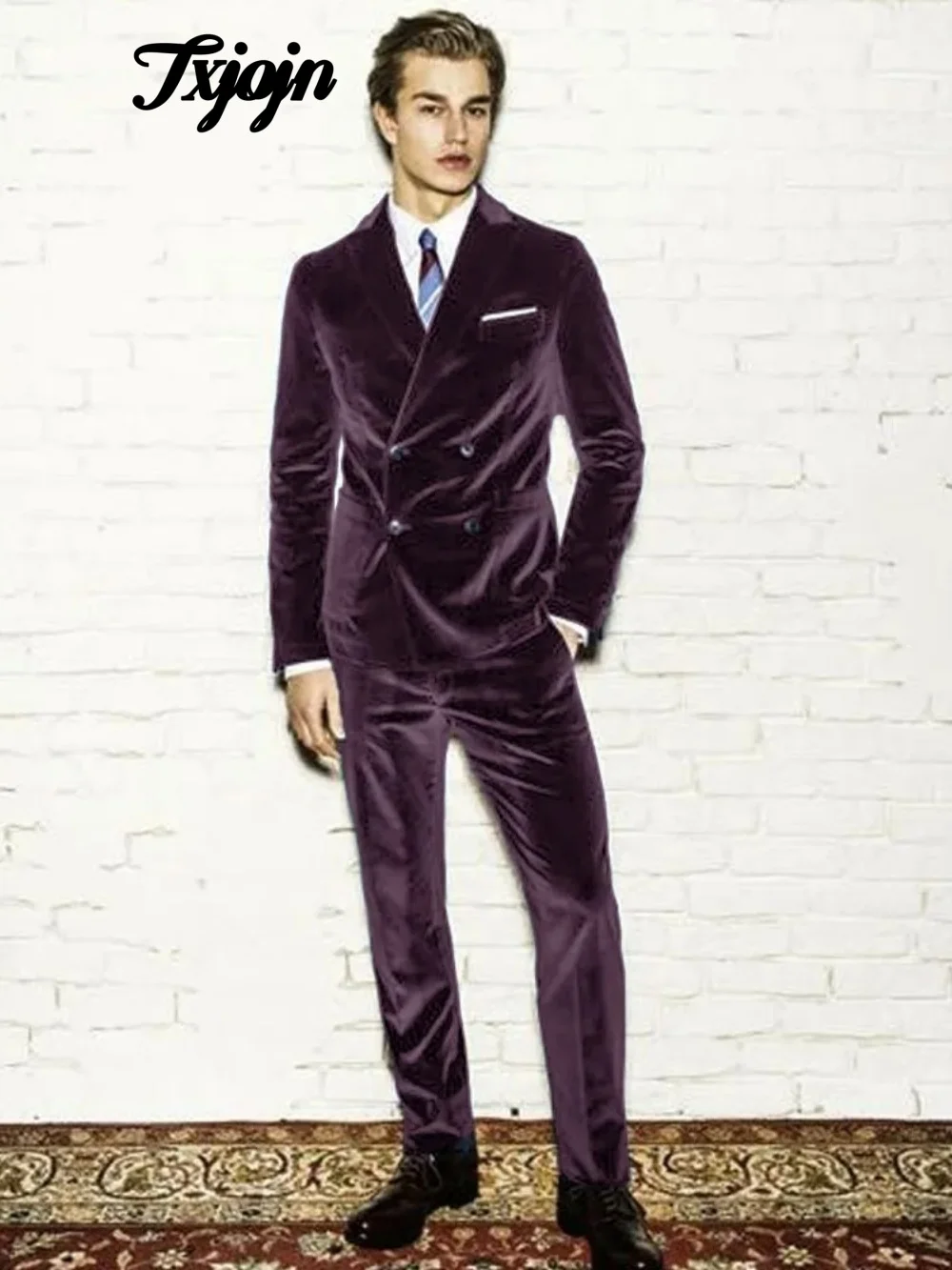 

Popular Velvet Double Breasted Men Suits Elegant Solid Color 2 PCS Jacket Pants Elegant Groom 2025 Wedding Slim Fit Outfits