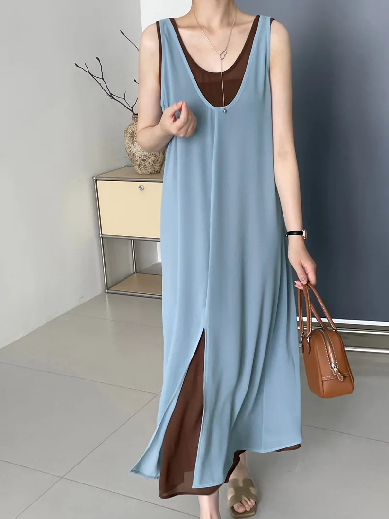 Vestido suspenso de duas peças em camadas para mulheres, estilo fino, respirável, caído, elegante, decote em v