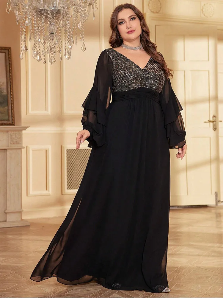 Plus Size 4XL5XLV Neck Gold Black Sequined Chiffon Long Sleeve Spring Plus Size Evening Dress Big Size Floor Dress for Women