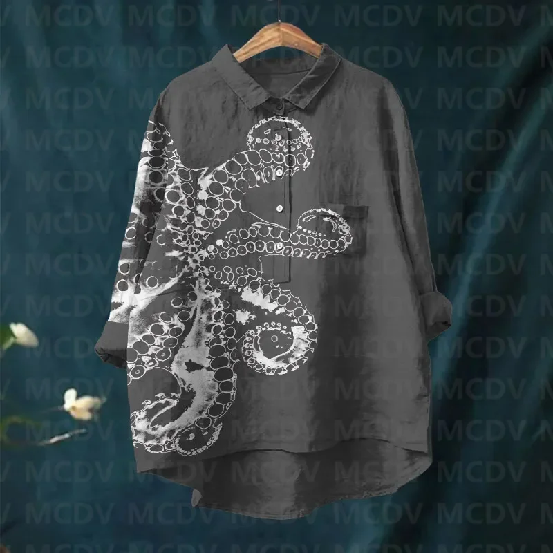 Octopus Tentacles Contrasting Print Women's Casual Lapel Blouse