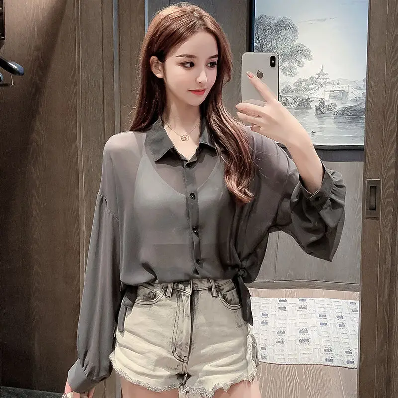 Clothing Full Sleeves Women\'s Shirts and Blouses with Bow Top for Woman Chiffon Transparent See-through Cool Tall M Pretty Y2k