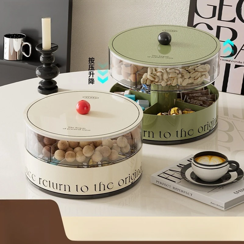 

Luxury Fruit Tray with Press Lift Seal Rotating Design Large Capacity for Living Room Coffee Table