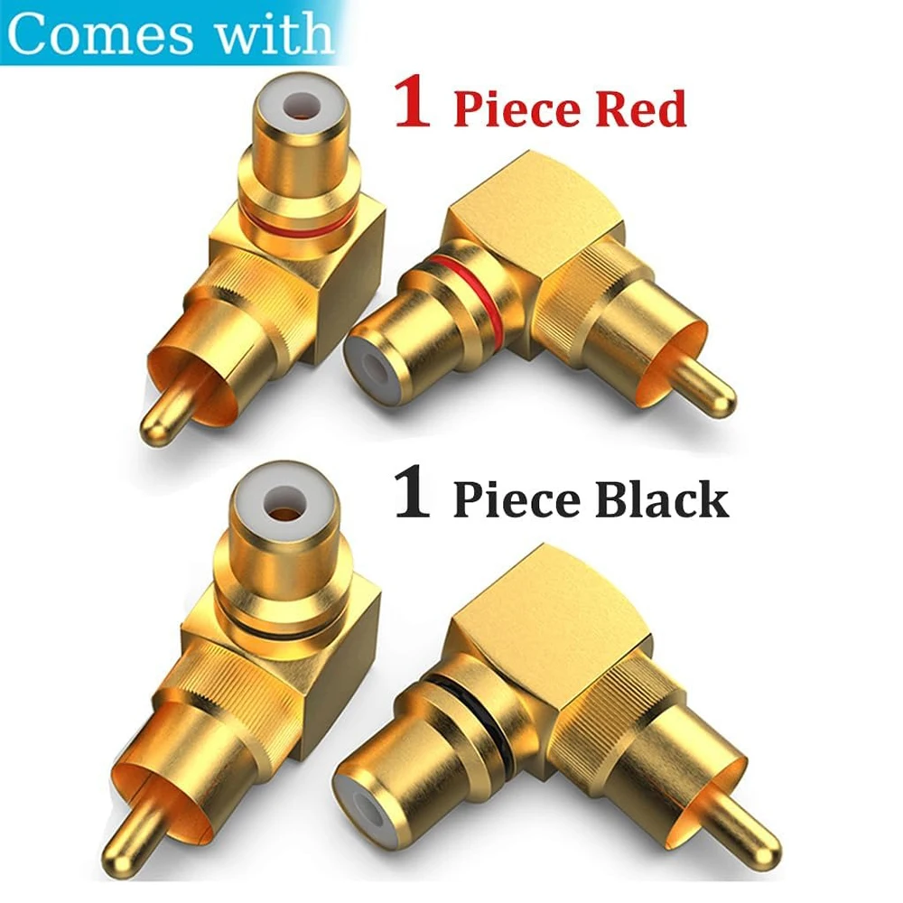 Gold-Plated Brass RCA Right Angle Adapter for TV Speaker Jack 90 Degree Metal RCA Male to Female Connector Plug (Black + Red)