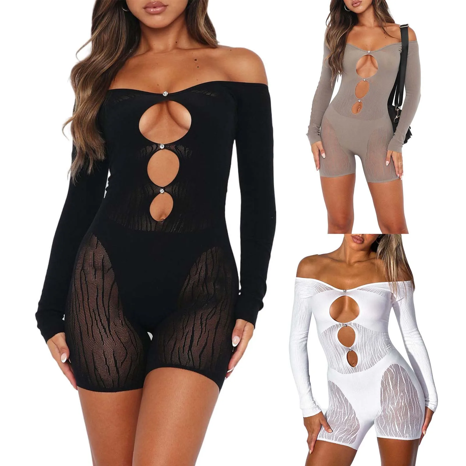 

2024 Fashion Women Off-shoulder Jumpsuit Casual Cutout Long Sleeve Bodysuit Playsuit Clubwear Streetwear