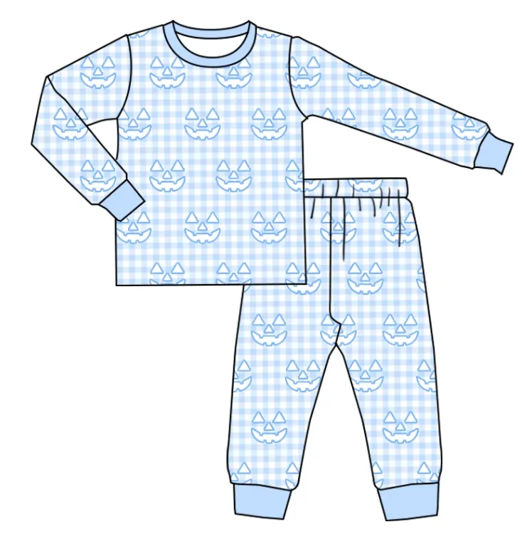Wholesale Baby Halloween Pumpkin Print Blue Pink Gingham Pajamas Set Toddler Long Sleeve Sleepwear Newborn Pajamas Jumpsuit