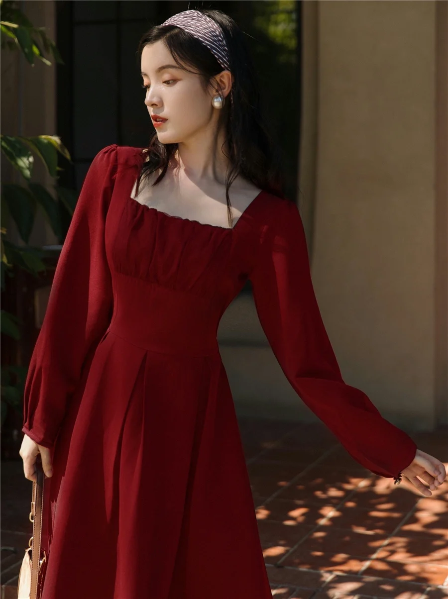 2 Colors Korean Fashion Women Outfits Modern Vintage Style Square Collar Long Sleeve Elegant Lady Dress Robe Rouge Vestido Negro