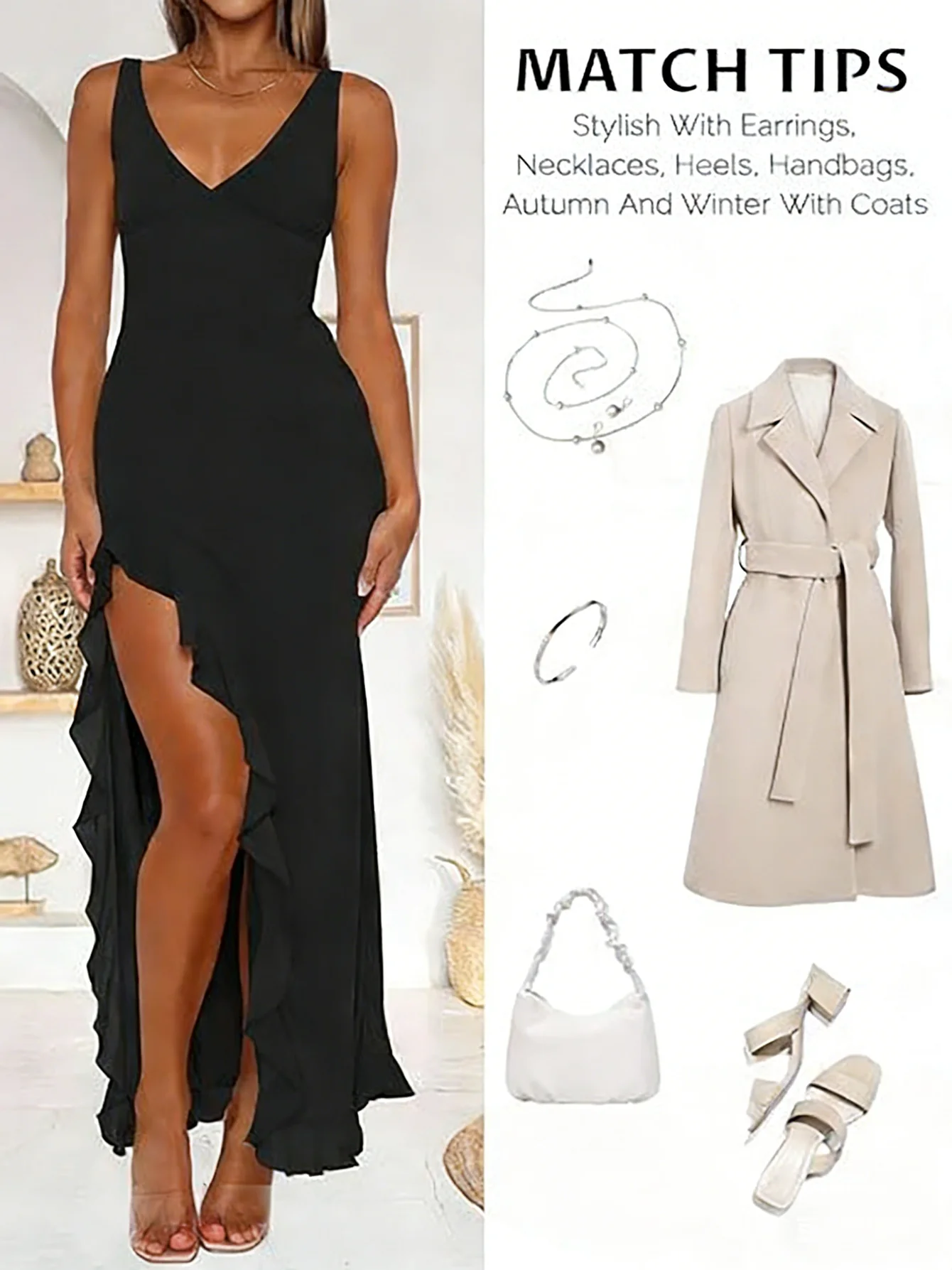 

Макси-платье женское весенне-летнее черное с V-образным вырезом, без рукавов, с рюшами и разрезом по низу, сексуальное, элегантное, для вечеринок, свиданий, отпуска, вечерних мероприятий